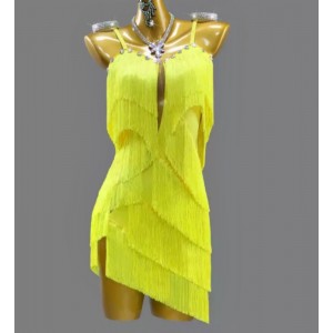 Yellow fringe competition latin dance dresses for women girls salsa rumba cha cha tassels rhinestones performance dance skirts for female